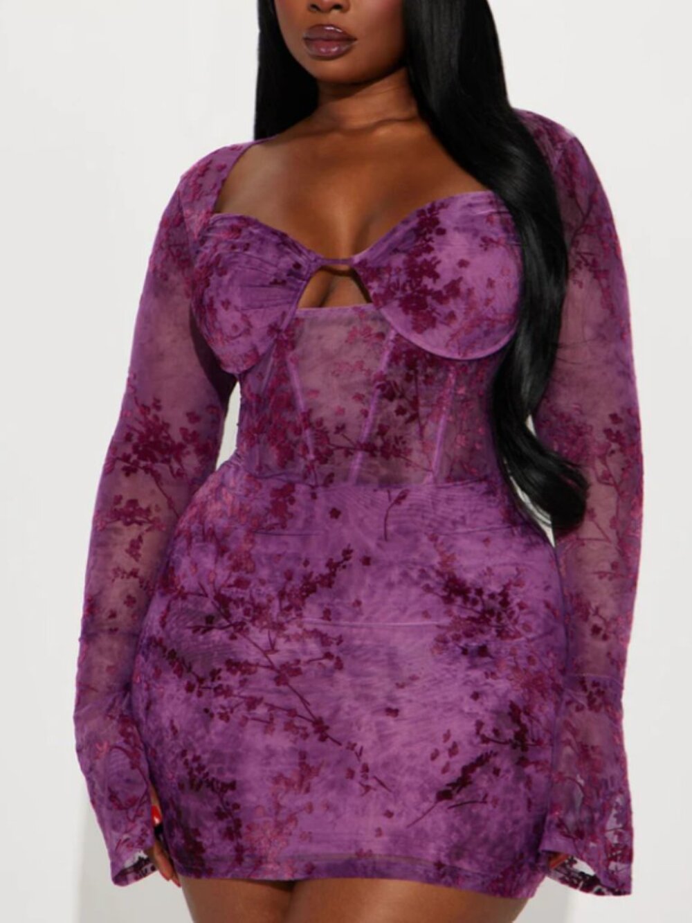 Fashion Nova Women's Size 2X Plum Floral Mesh Cutout Long Sleeve Bodycon Mini Dr